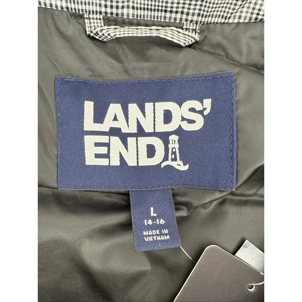 Lands End Vest Women L Down‎ Puffer 600 Fill Water Resistant Black Check Outdoor